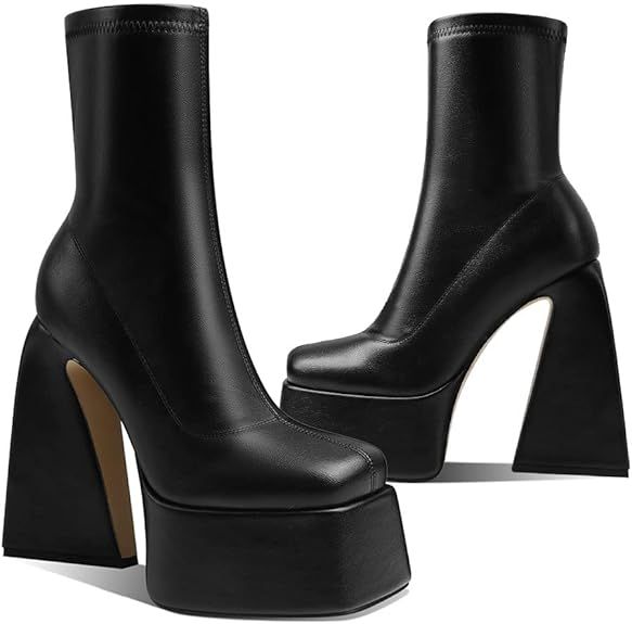 Uacllcau Platform Boots for Women Mid Calf Boots Square Toe Chunky High Heel Boots Side Zipper An... | Amazon (US)