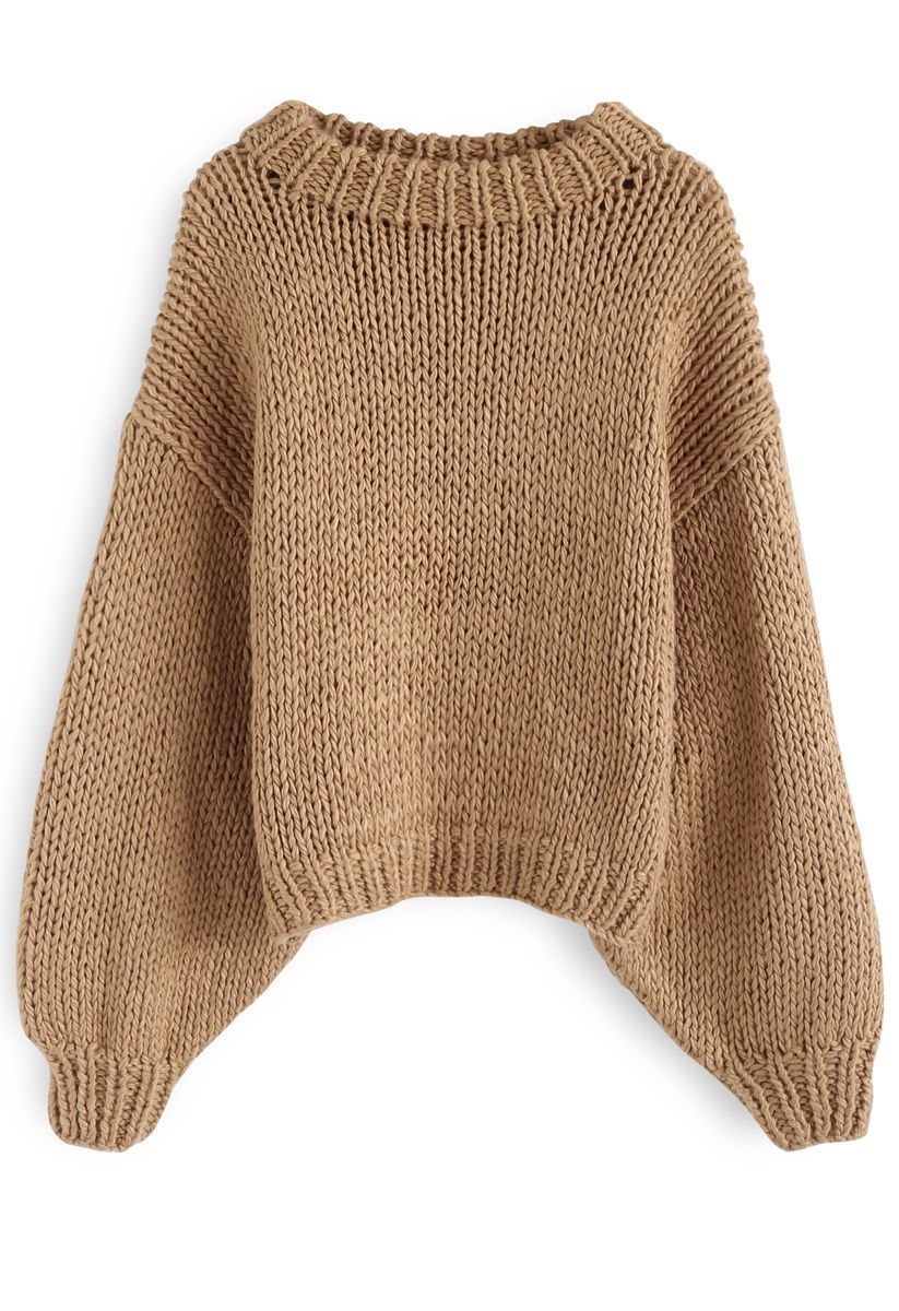 Chunky Chunky Puff Sleeves Cropped Sweater in Caramel | Chicwish