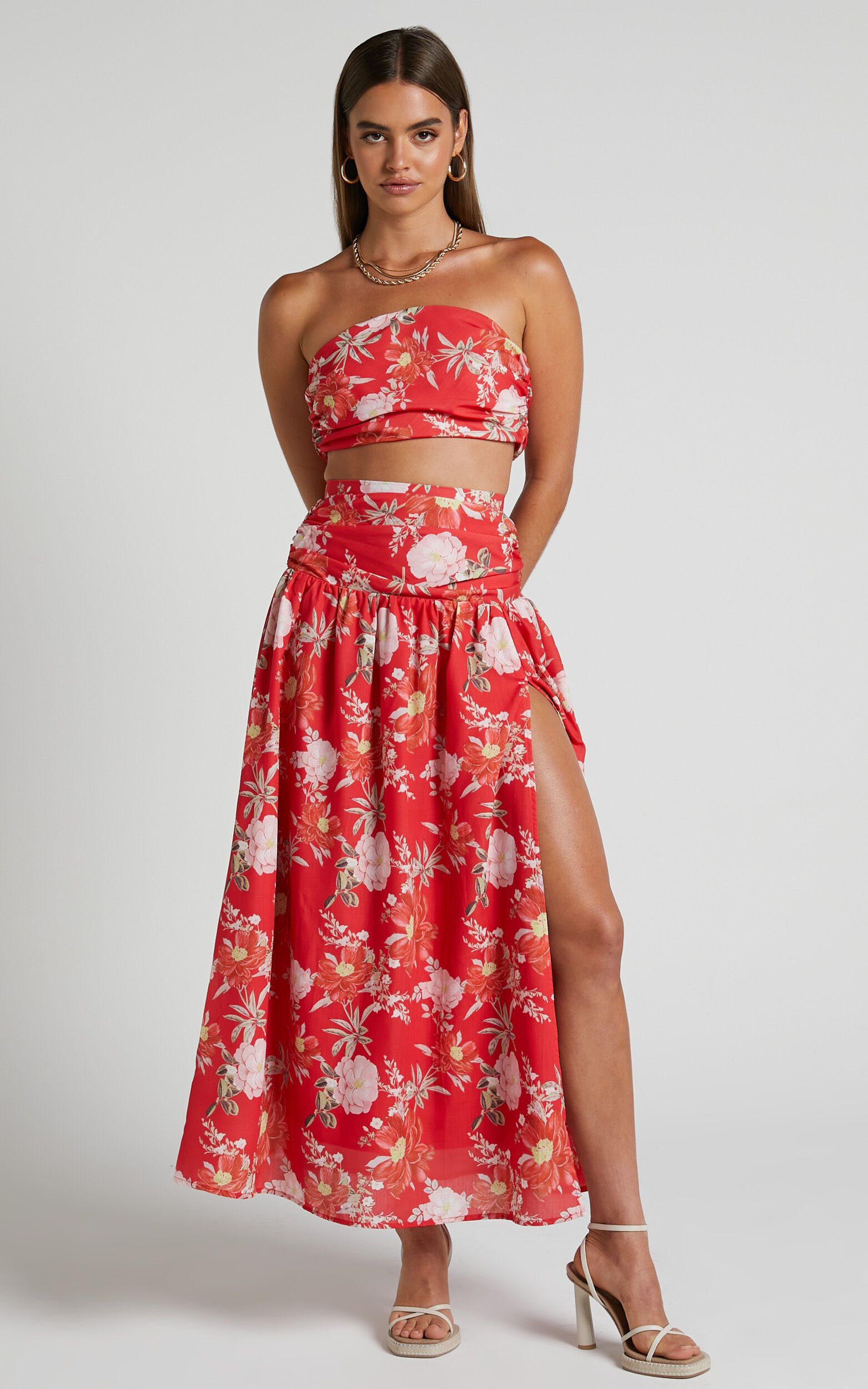 Viveca Two Piece Set - Bandeau Crop Top and Drop Waist Maxi Skirt in Rosie Floral | Showpo (US, UK & Europe)