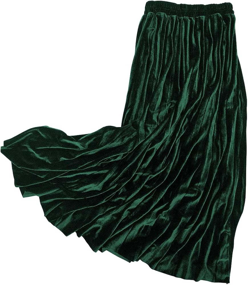 ebossy Women's Fall Winter High Wasit Ankle Length Velvet Maxi Long Pleated Skirt | Amazon (US)