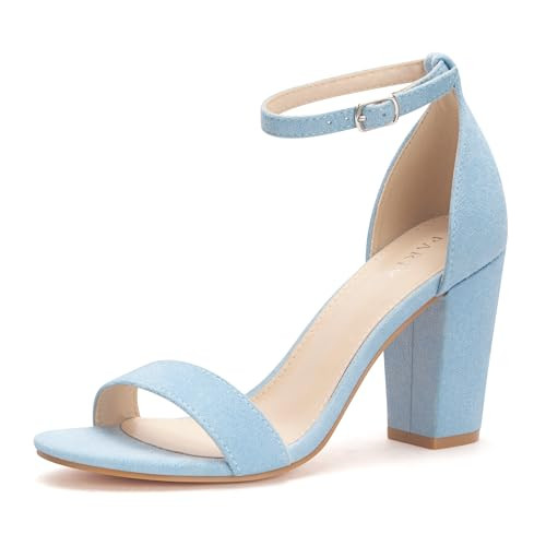 PARTY Women's Chunky Heels Open Toe Ankle Strap 3 inch Heeled Sandals,Light Blue-8 | Amazon (US)