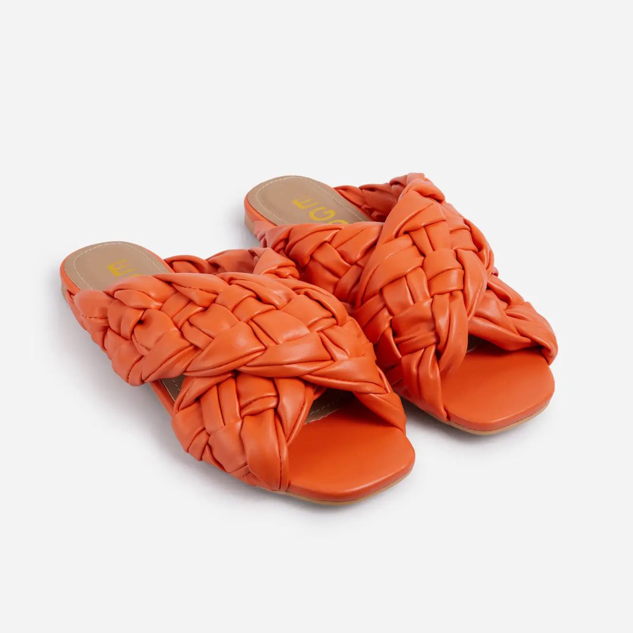 Vista Woven Cross Strap Square Toe Flat Slider Sandal In Orange Faux Leather | EGO Shoes (US & Canada)