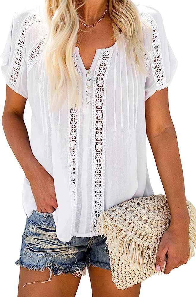 Yousify Wonens V Neck Lace Tops Casual Short Sleeve Button Down Hollow Out Blouse Shirts | Amazon (US)