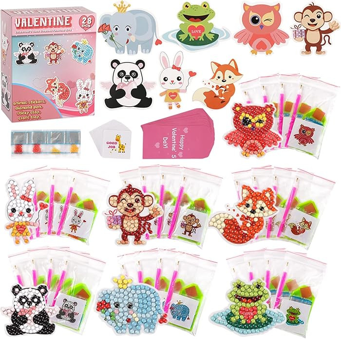 Valentine's Day Cards for Kids - 28pcs Diamond Animal Craft Kits With 7 Different Gem Stickers fo... | Amazon (US)