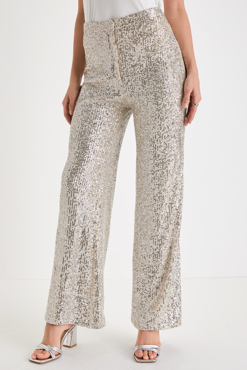 Sparkly Session Beige Sequin High Rise Wide-Leg Trousers | Lulus