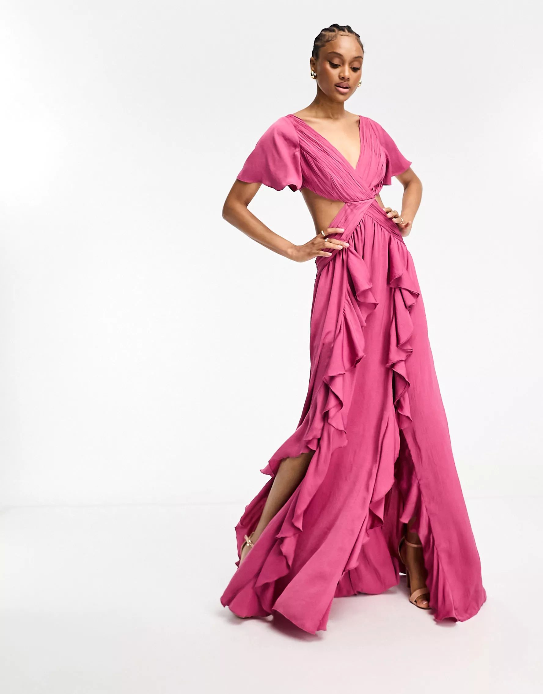 ASOS DESIGN Tall satin ruffle flutter sleeve maxi dress with cut out waist in berry pink | ASOS (Global)