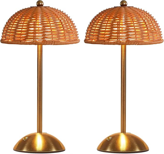 2 Pack Cordless Table Lamp,Rattan Boho Desk Lamps,Small Wicker Night Light | Amazon (US)
