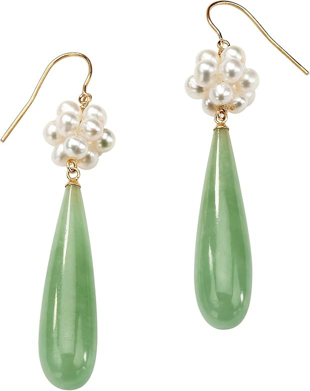 PalmBeach 10K Yellow Gold Round Genuine Cultured Freshwater Pearl and Genuine Green Jade Drop Ear... | Amazon (US)