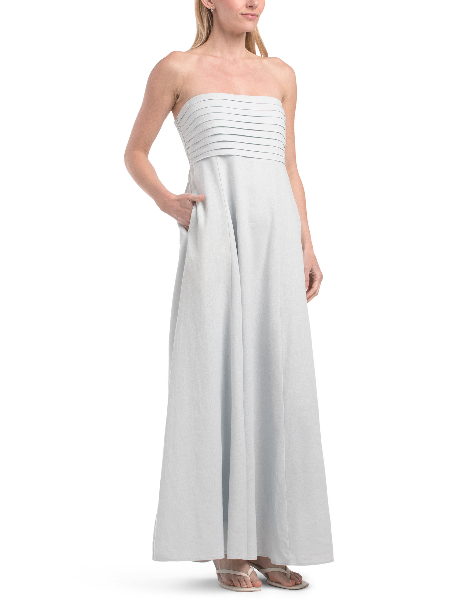 Linen Blend Strapless Maxi Dress With Pleating Details At Bodice | TJ Maxx