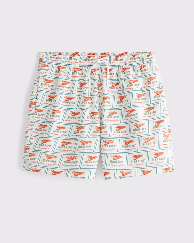 Abercrombie & Fitch Men's Miller High Life Graphic Pull-On Swim Trunk in Cream Pattern - Size XS | Abercrombie & Fitch (US)