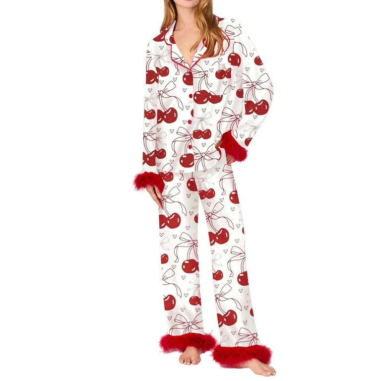 Womens Pajama Sets Fashion Bowknot Heart Print Silk Pjs Women Long Sleeve Button Down Shirts Pant... | Walmart (US)
