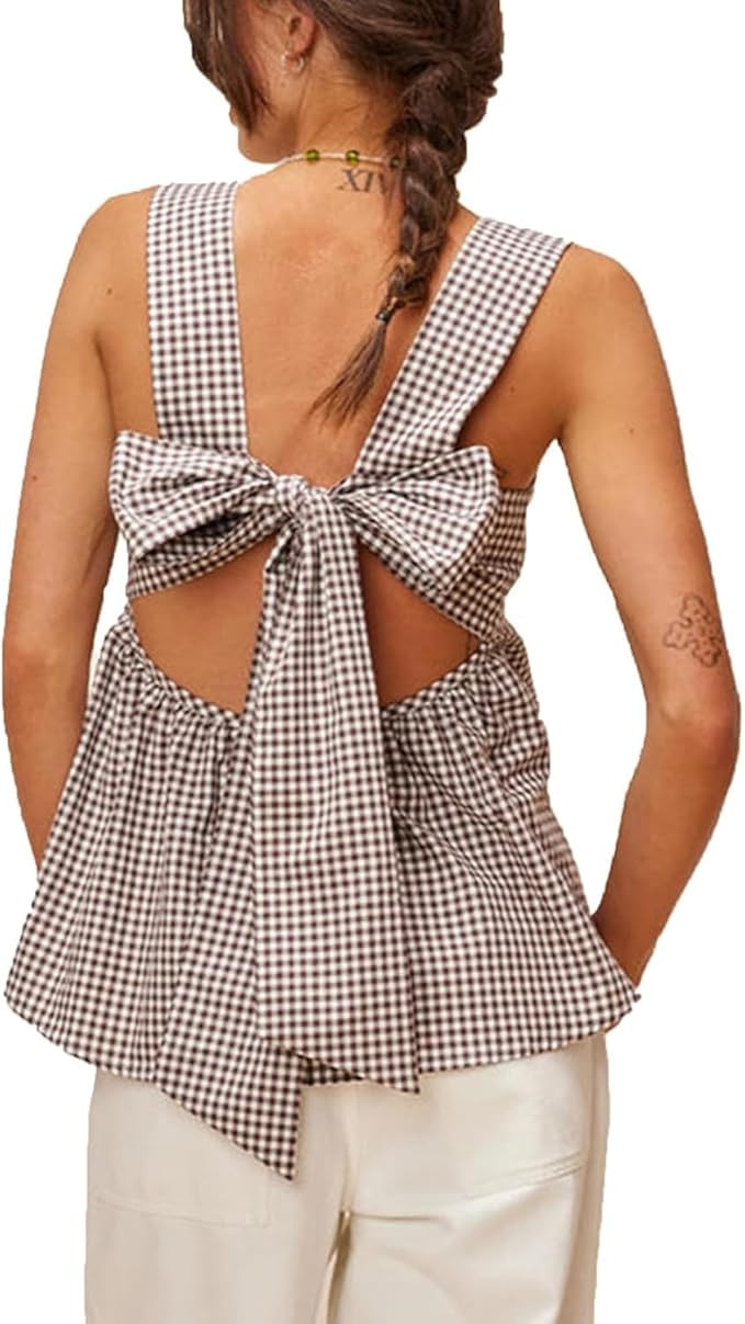 Women Y2k Going Out Tank Tops Gingham Square Neck Peplum Cami Tank Sleeveless Backless Shirt Bowt... | Amazon (US)