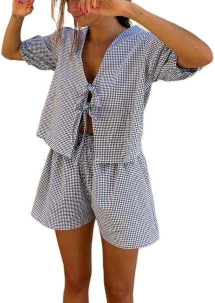 Women 2 Piece Casual Lounge Sets Y2k Puff Sleeve Peplum Shirt Tie Front Tee Shirt Shorts 2pcs Paj... | Amazon (US)
