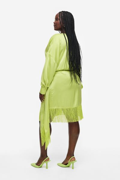 Fringe-trimmed Satin Wrap Dress - Lime green - Ladies | H&M US | H&M (US + CA)