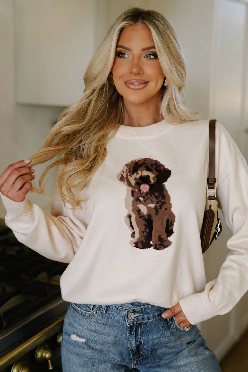 Crew Neck Puppy Sweater-Cream | These Three