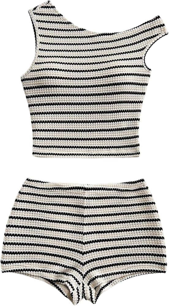 Verdusa Women's 2 Piece Striped Outfits Off The Shoulder Crop Tops and Mini Shorts Set | Amazon (US)