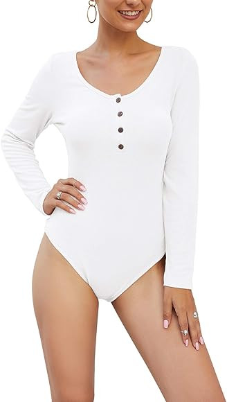 Womens Long Sleeve Bodysuit Scoop Neck Button Down Sexy Bodycon Clubwear Bodysuits Tops | Amazon (US)