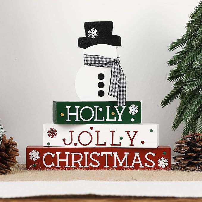 Christmas Decorations-4 PCS Wooden Block Sign-Classic Red White Green Christmas Ornaments for Hom... | Amazon (US)