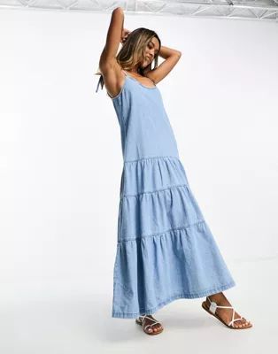 ASOS DESIGN soft denim midaxi dress with tie straps in light wash blue | ASOS (Global)