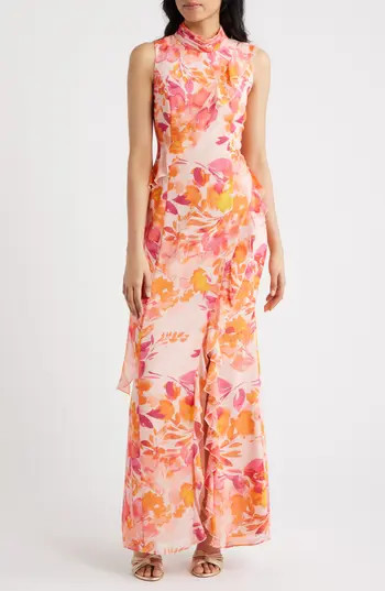 Eliza J Ruffle Mock Neck Maxi Dress in Blush at Nordstrom Rack, Size 8 | Nordstrom Rack