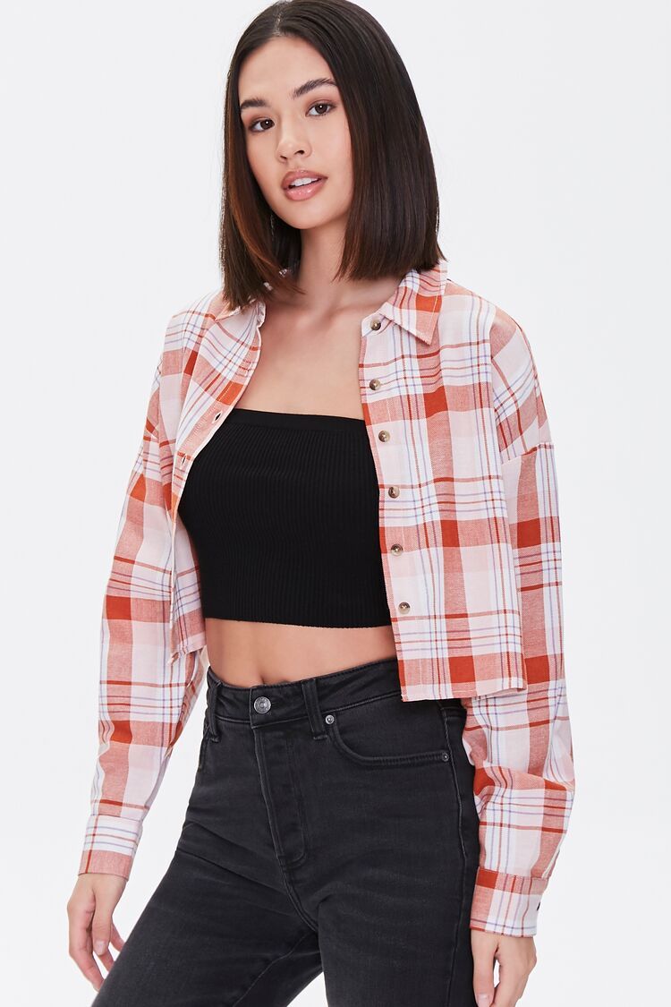 Cropped Flannel Shirt in Rust Large | Forever 21 (US)