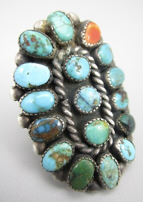 GREAT VINTAGE 1950'S ZUNI STERLING & TURQUOISE PETTIPOINT CLUSTER RING - AS IS | eBay US