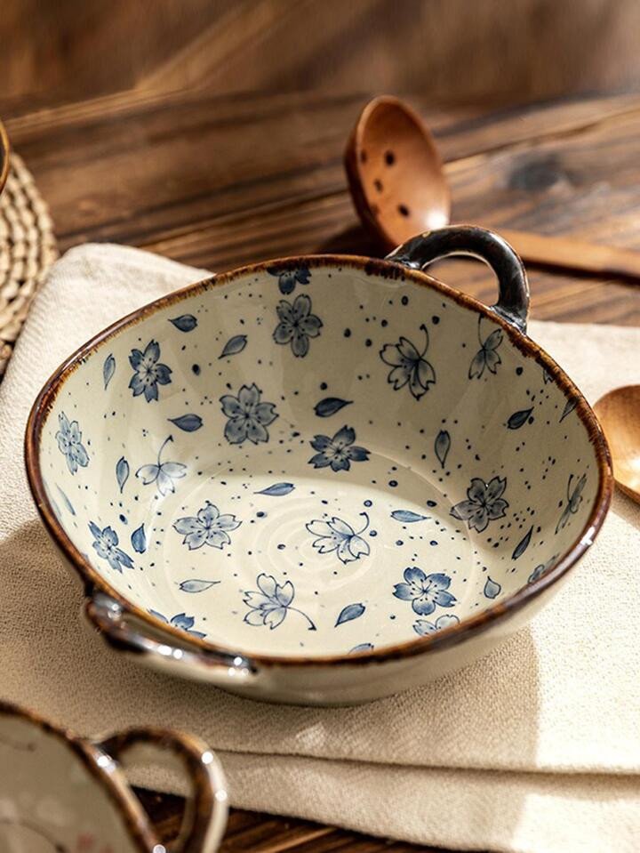 1pc Flower Print Bowl, Baby Blue Double Ear Porcelain Noodles Bowl For Household | SHEIN