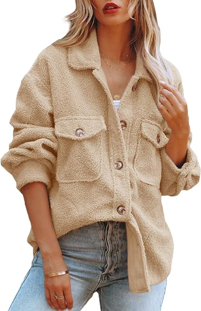 Womens Sherpa Fleece Jacket Button Down Shirt Jacket Long Sleeve Shacket with Pockets Lapel Coat | Amazon (US)