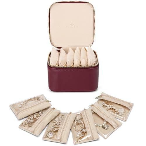 Vlando Travel Jewelry Case,Gifts for Women, Travel Jewelry Organizer with 6 Velvet Jewelry Pouch,Jewelry Box for Women Girls-Red | Amazon (US)