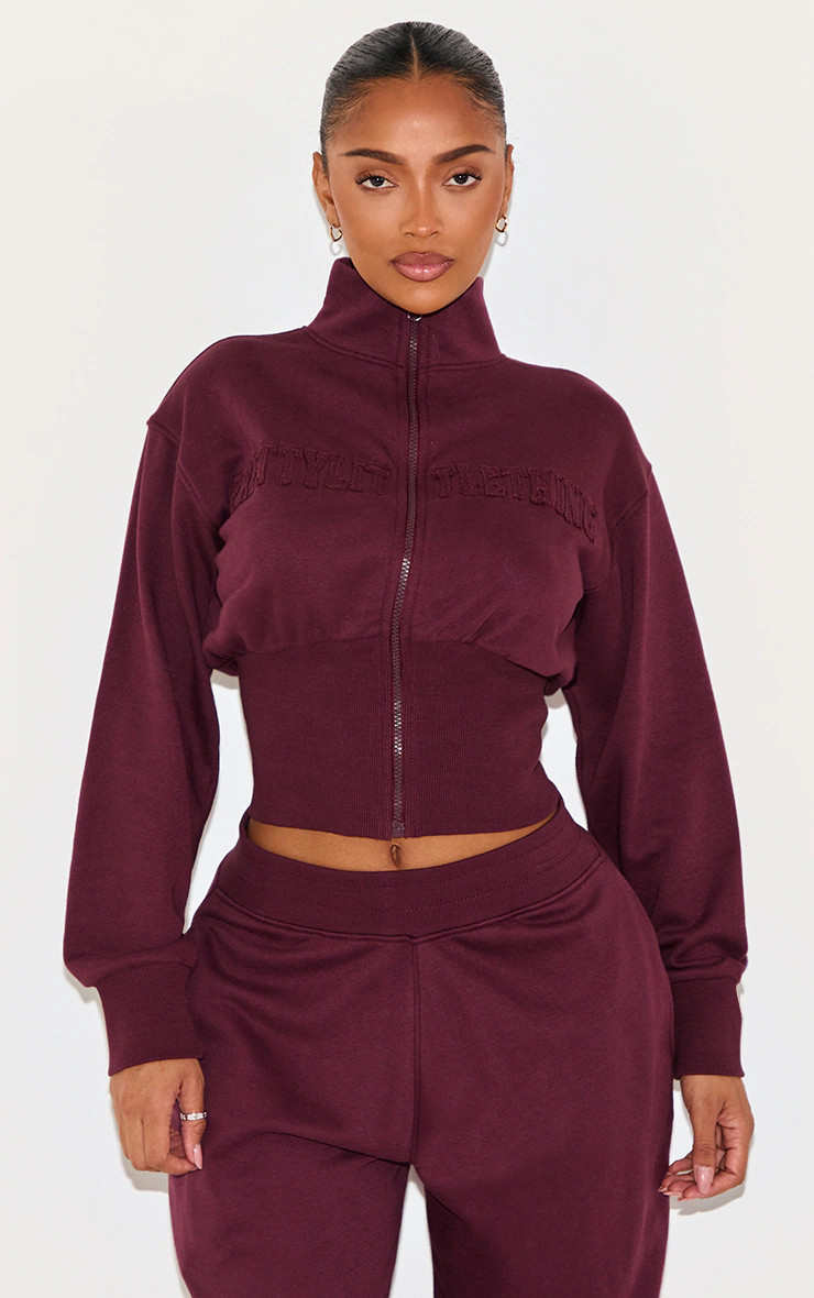 Shape Wine Fitted Zip Up Sweatshirt | PrettyLittleThing UK