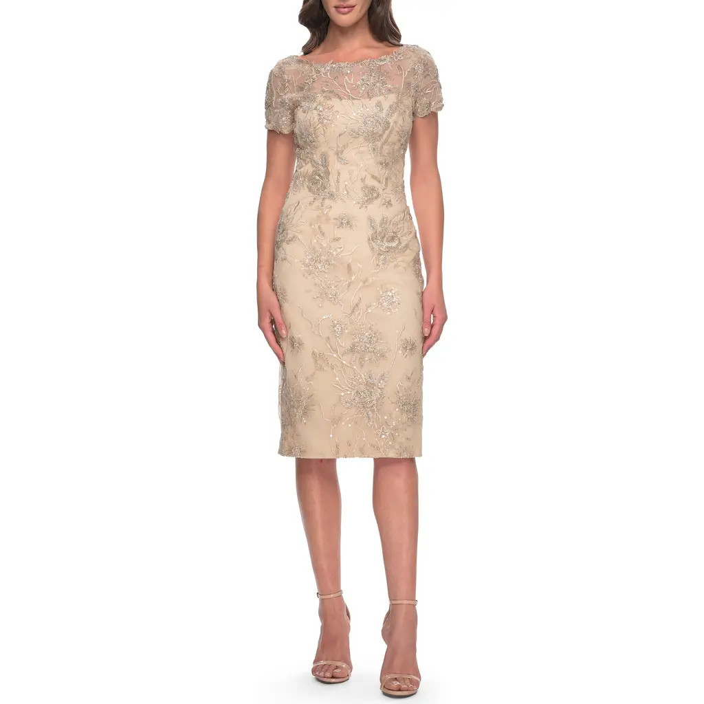 La Femme Beaded Short Evening Dress with Illusion Neckline in Champagne at Nordstrom, Size 6 | Nordstrom