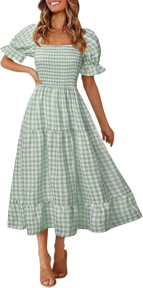 MEROKEETY Women's Plaid Square Neck Ruffle Puff Sleeve Midi Dress Summer Boho Backless Smocked Dr... | Amazon (US)