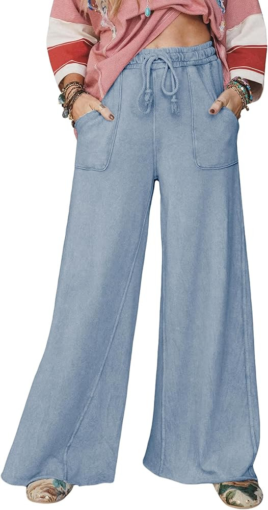Wide Leg Pants for Women Acid Wash Palazzo Sweatpants Casual Drawstring Baggy Trousers with Pocke... | Amazon (US)