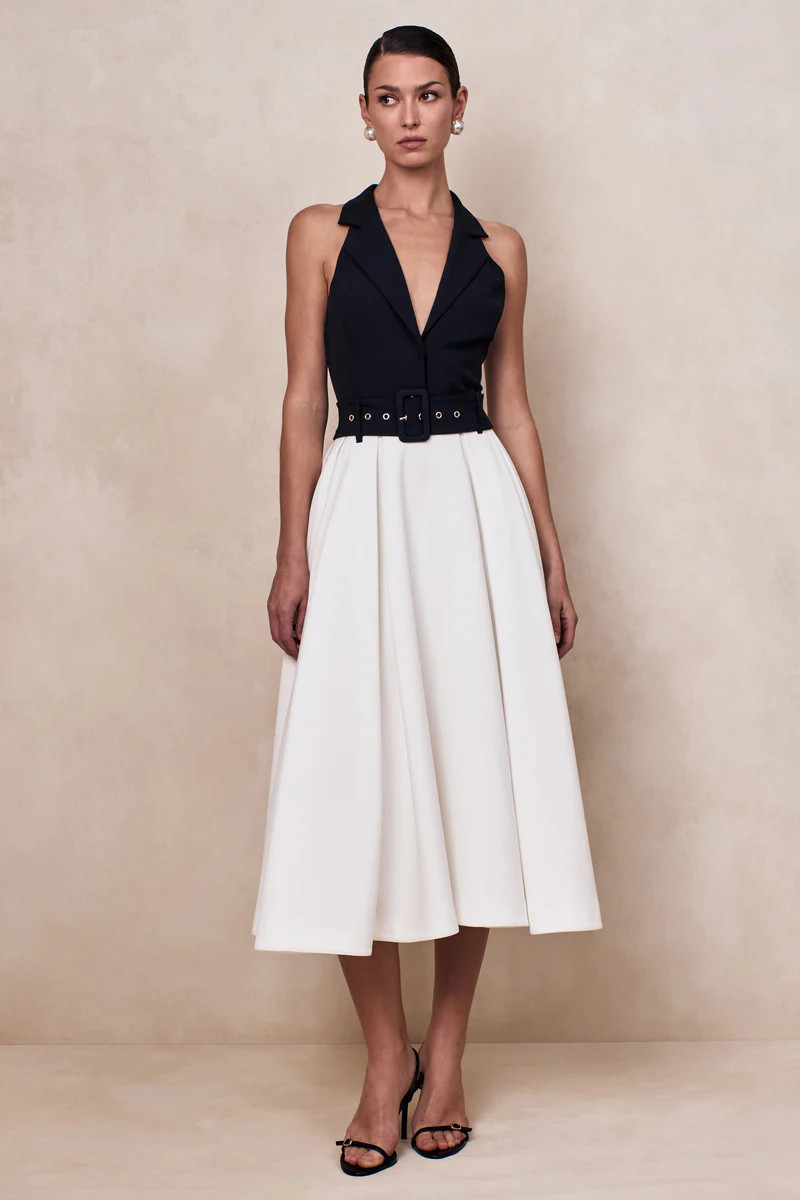 Alessa | Black & White Plunge-Neck Tailored Midi Dress | Club L London