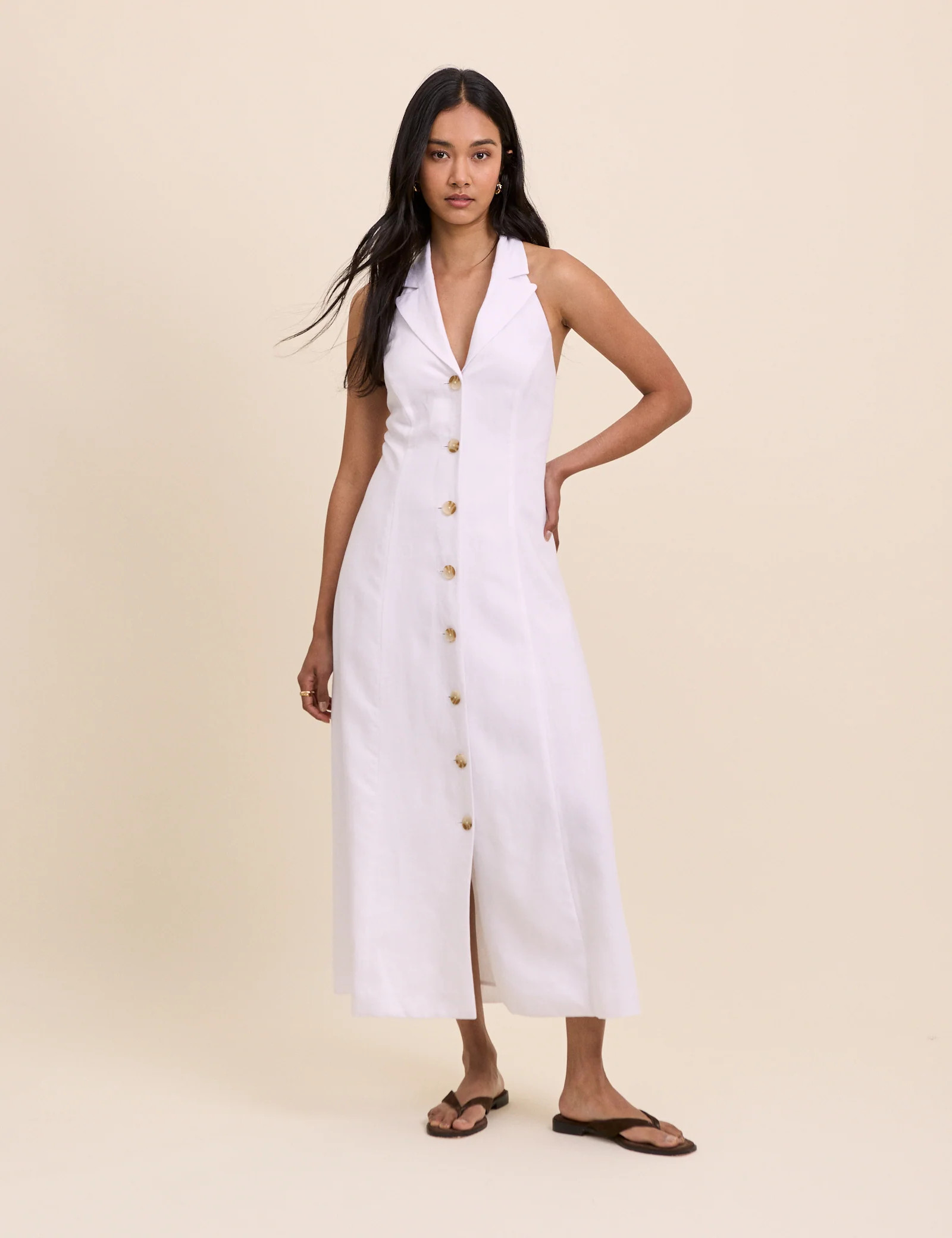 White Linen-Blend Halterneck Midi Dress | Nobody's Child