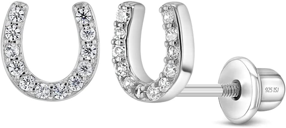 925 Sterling Silver Girl's CZ Horseshoe Earrings with Screw Backs | Hypoallergenic Small Horse Sh... | Amazon (US)