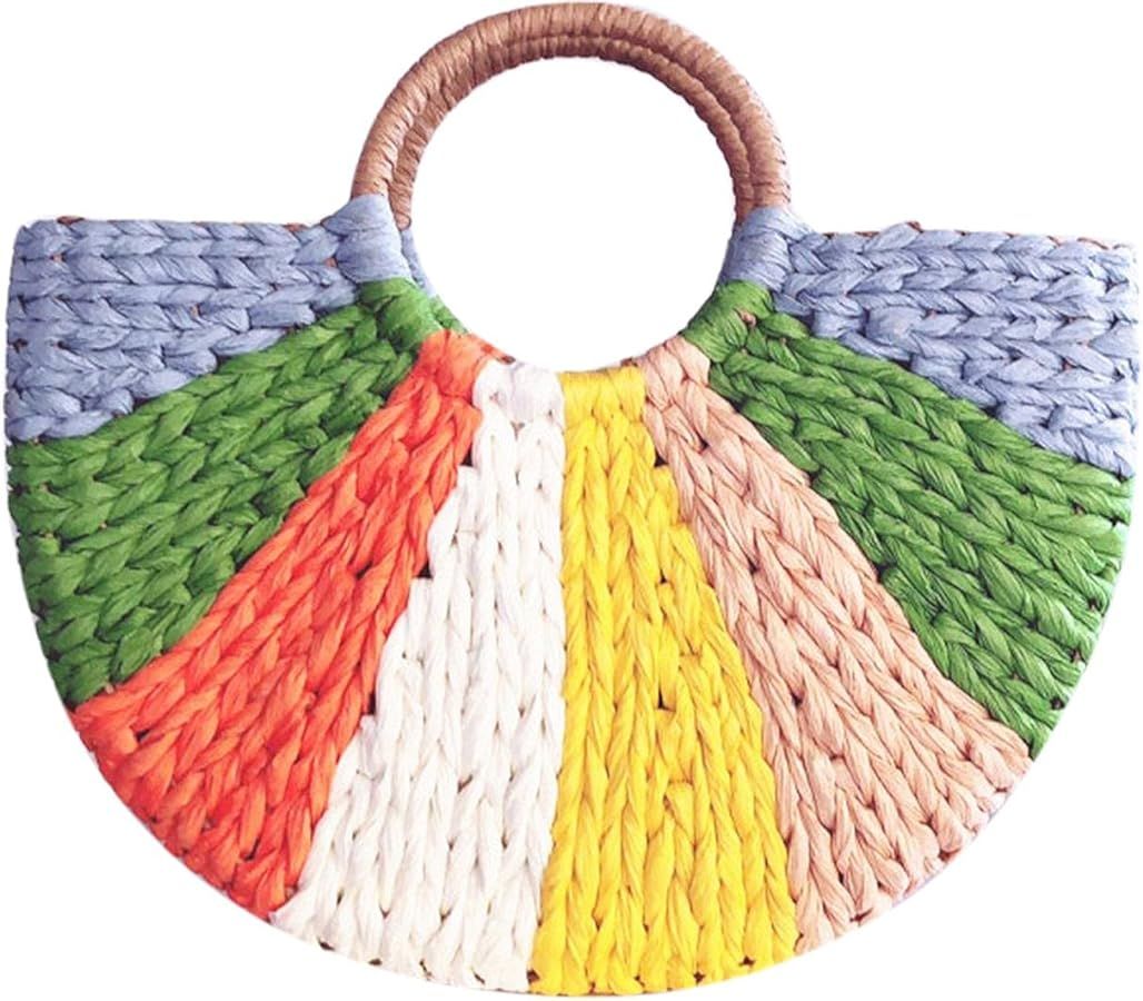 QZUnique Straw Rainbow Handbags Women’s Cotton Crochet Hand-Woven Tote Bag Top Handle Casual Sh... | Amazon (US)