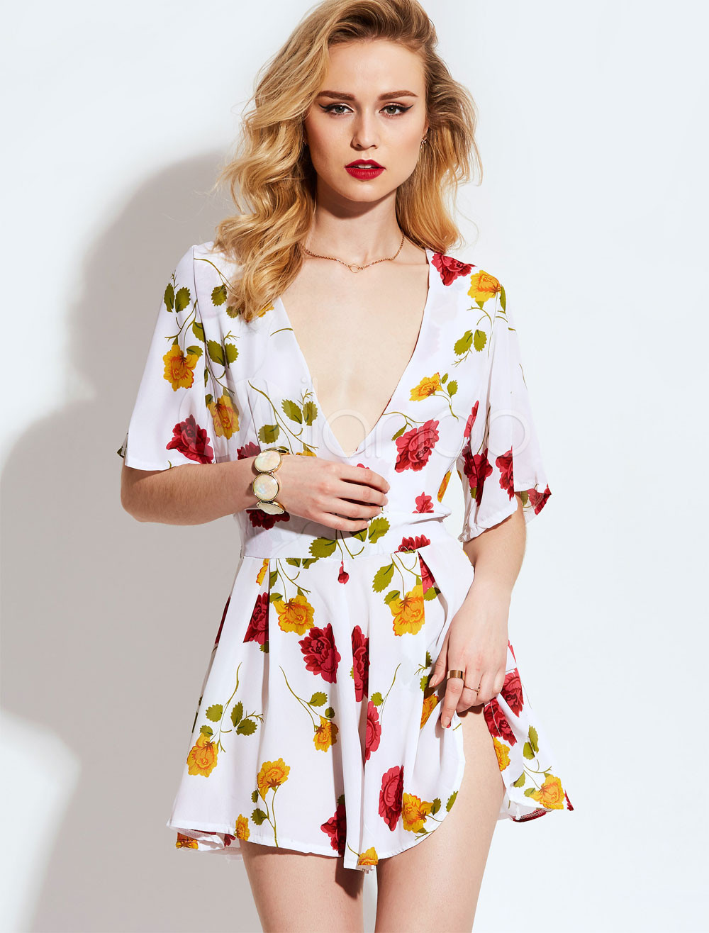 White Floral Romper Chiffon V Neck Short Sleeve Pleated Wide Leg Romper Shorts | Milanoo