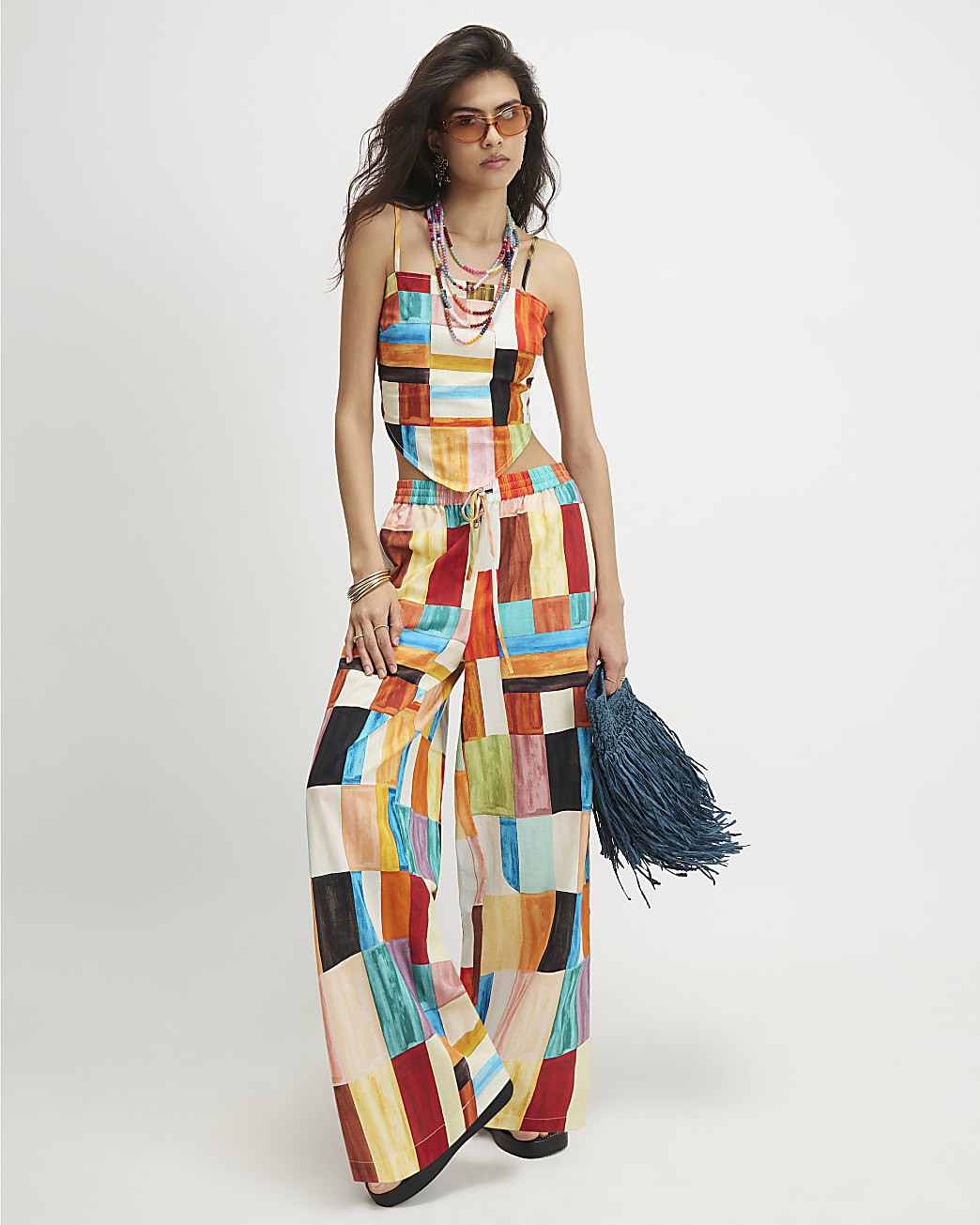 Orange Cotton Check Print Wide Leg Trousers | River Island UK & IE
