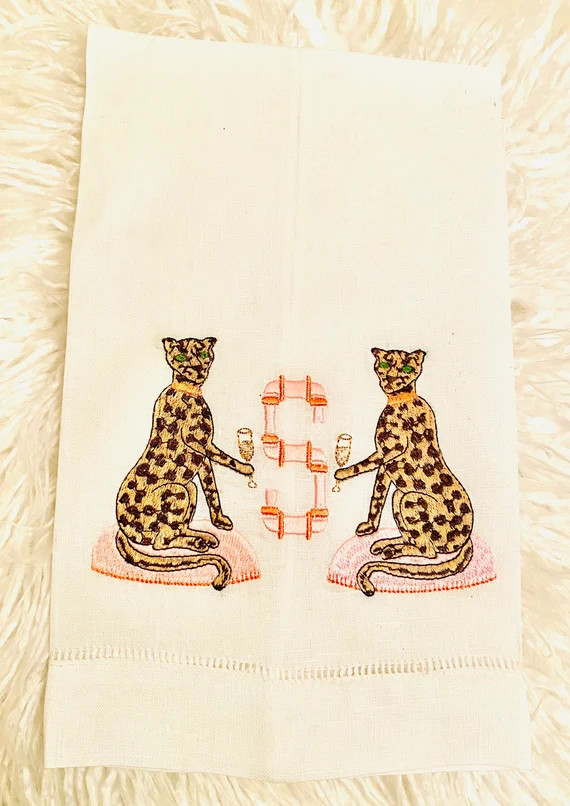 Chinoiserie Double Cheetah Cheers Embroidered Linen Guest Tea | Etsy | Etsy (US)