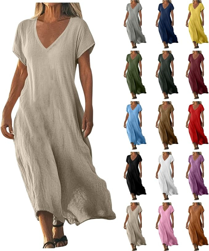 Linen Dresses for Women 2026 Summer Short Sleeve V Neck Shift Maxi Dress Comfy Flowy Swing A Line... | Amazon (US)