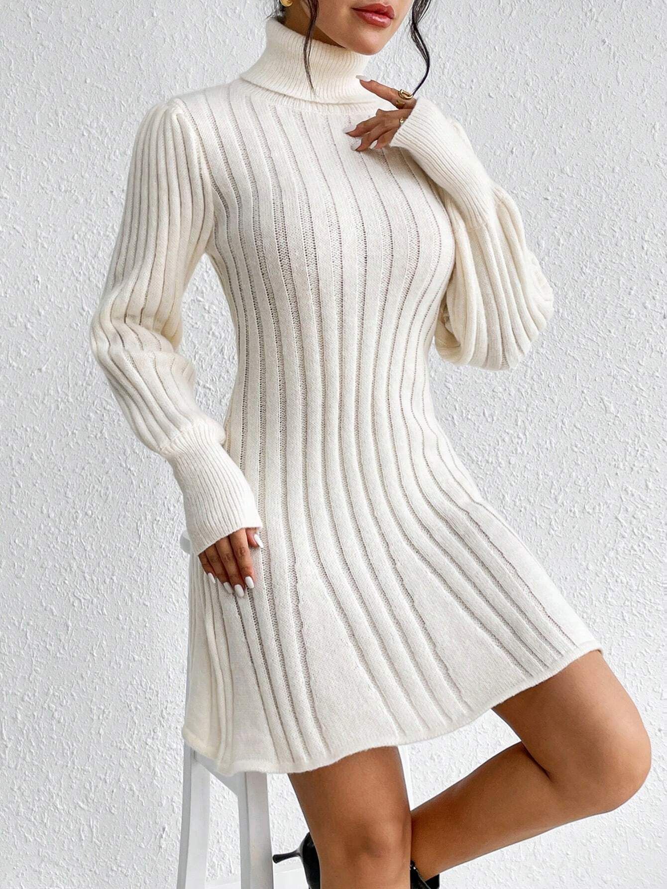 SHEIN Privé Turtleneck Ribbed Knit Sweater Dress | SHEIN