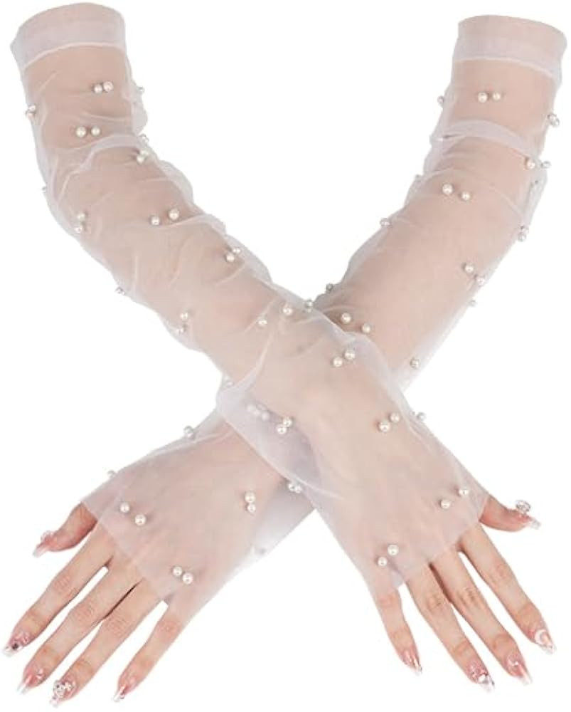 White Lace Sheer Gloves, Tulle Gloves, Bridal Gloves with Pearl for Wedding, Fingerless Gloves fo... | Amazon (US)
