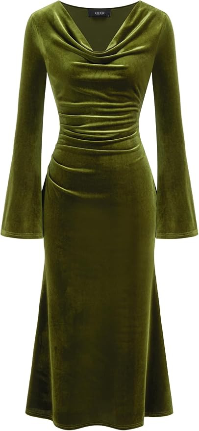 CIDER Velvet Dress Fall Wedding Guest Dresses for Women Long Belll Sleeve Cowl Neck Midi Cocktail... | Amazon (US)