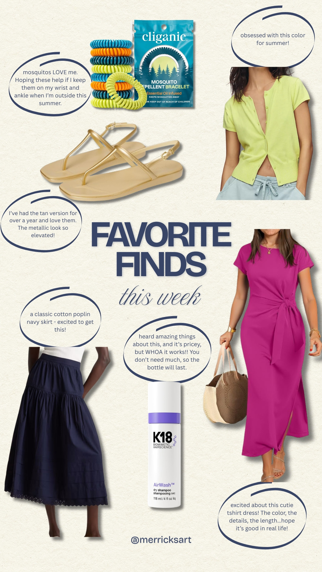 Favorite finds from this week! Mosquito repellent bracelets, elevated gold croc sandals, bright cashmere sweater, colorful tshirt dress, k18 hair treatment, and a navy cotton poplin skirt!

#LTKSeasonal