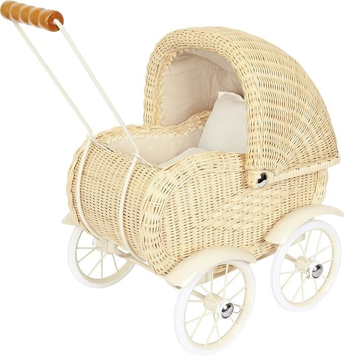 Amazon.com: Baby Doll Stroller by Small Foot – Vintage Wicker Rolling Carriage Pram – Classic... | Amazon (US)