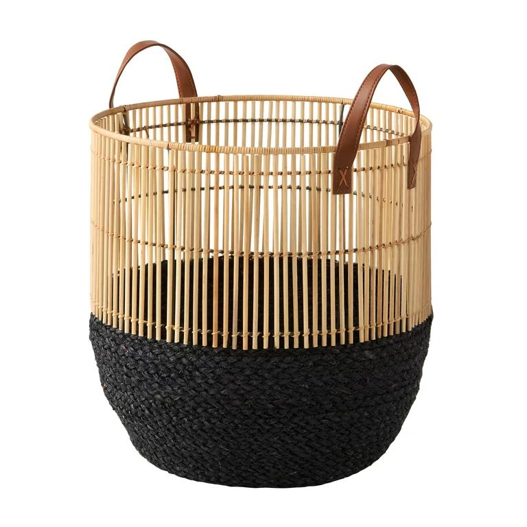 KARYOU Black and Natural Basket with Leather Handles, 15" | Walmart (US)