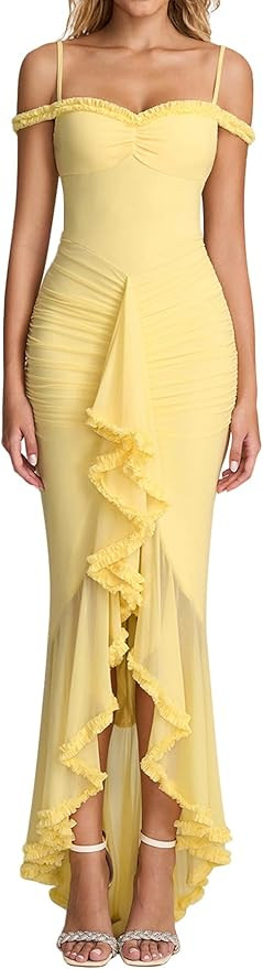 KUTUMAI Women Ruffle Bodycon Maxi Dress Ruched Long Formal Cocktail Wedding Guest Dresses | Amazon (US)