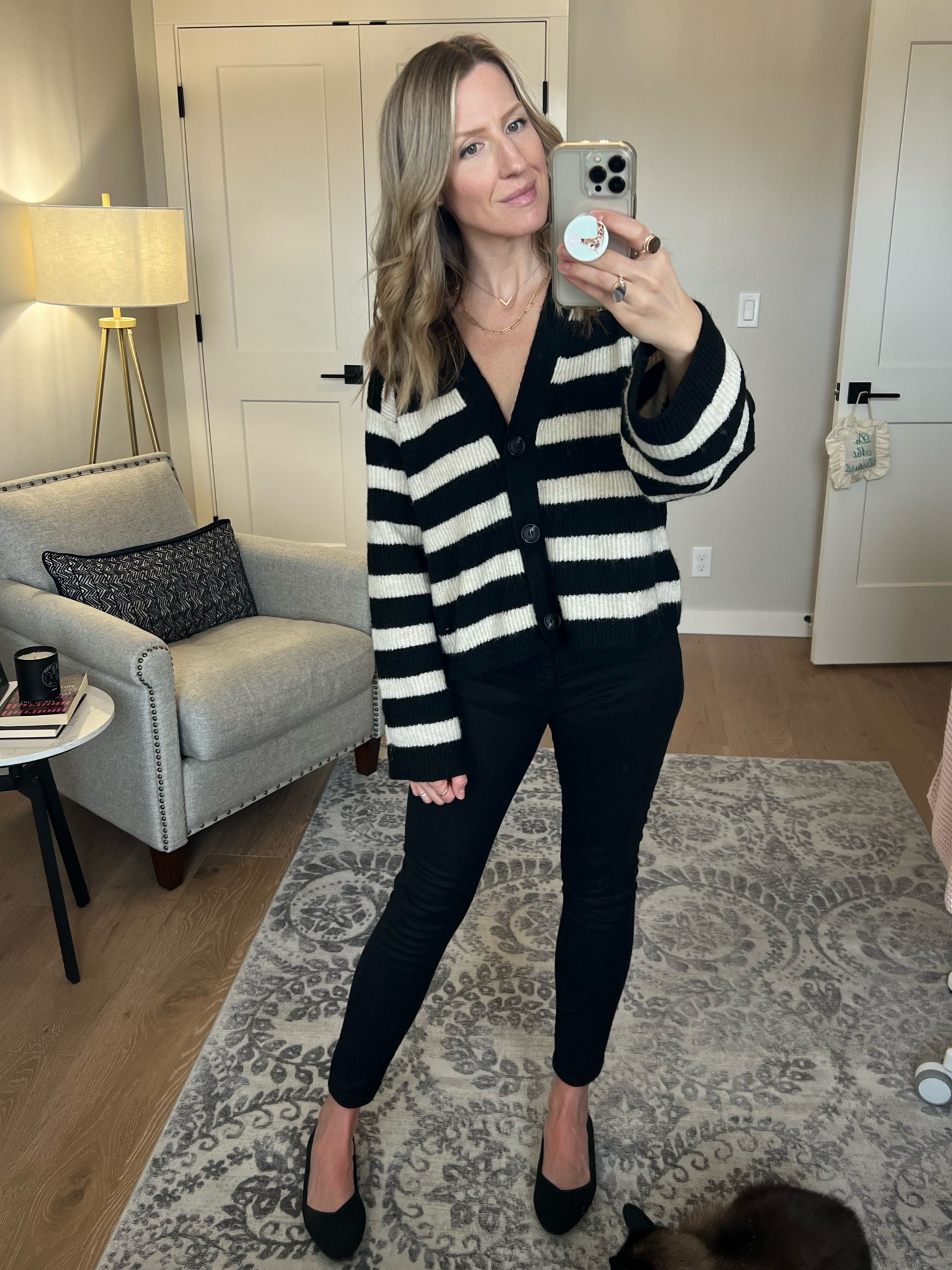 This cute striped cardigan sweater from H&M, paired with a high waisted denim jeans and pointed toe flats. #Workwear #H&MStyle #PointedToeFlats #StripedSweater

#LTKworkwear #LTKFind #LTKunder100