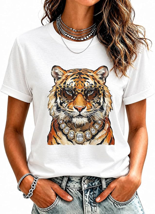 Tiger Tshirt for Women Glam Tiger Easy Printed Graphic Casual Tees | Amazon (US)